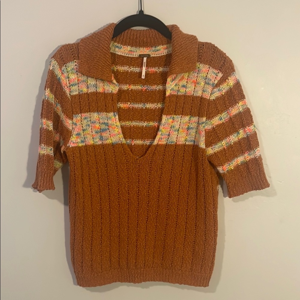 Free People V-Neck Sweater in Brown and Cream